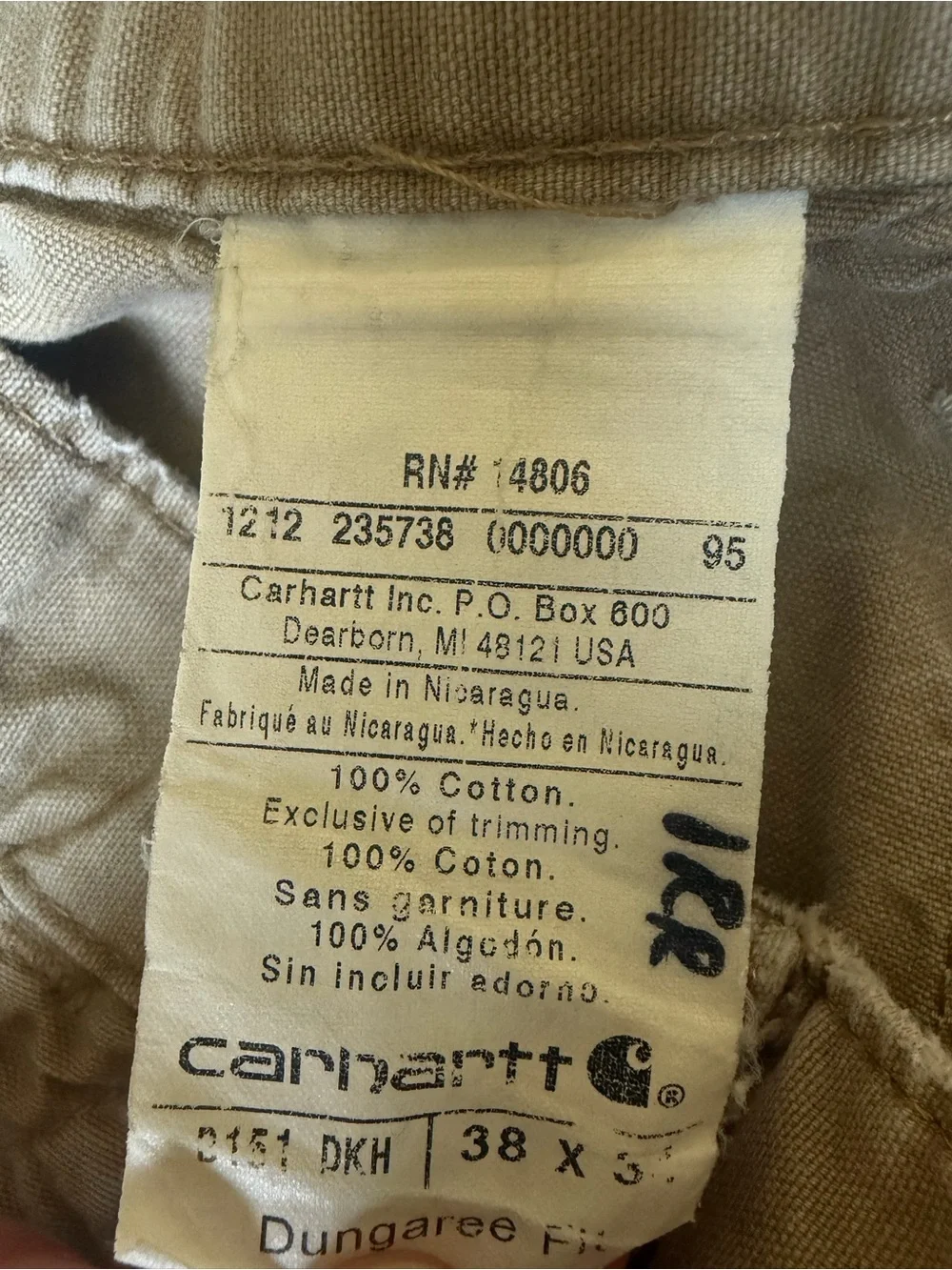 Carhartt B151 DKH Dungaree Fit Carpenter Pants Desert Khaki 38x32 100% Cotton